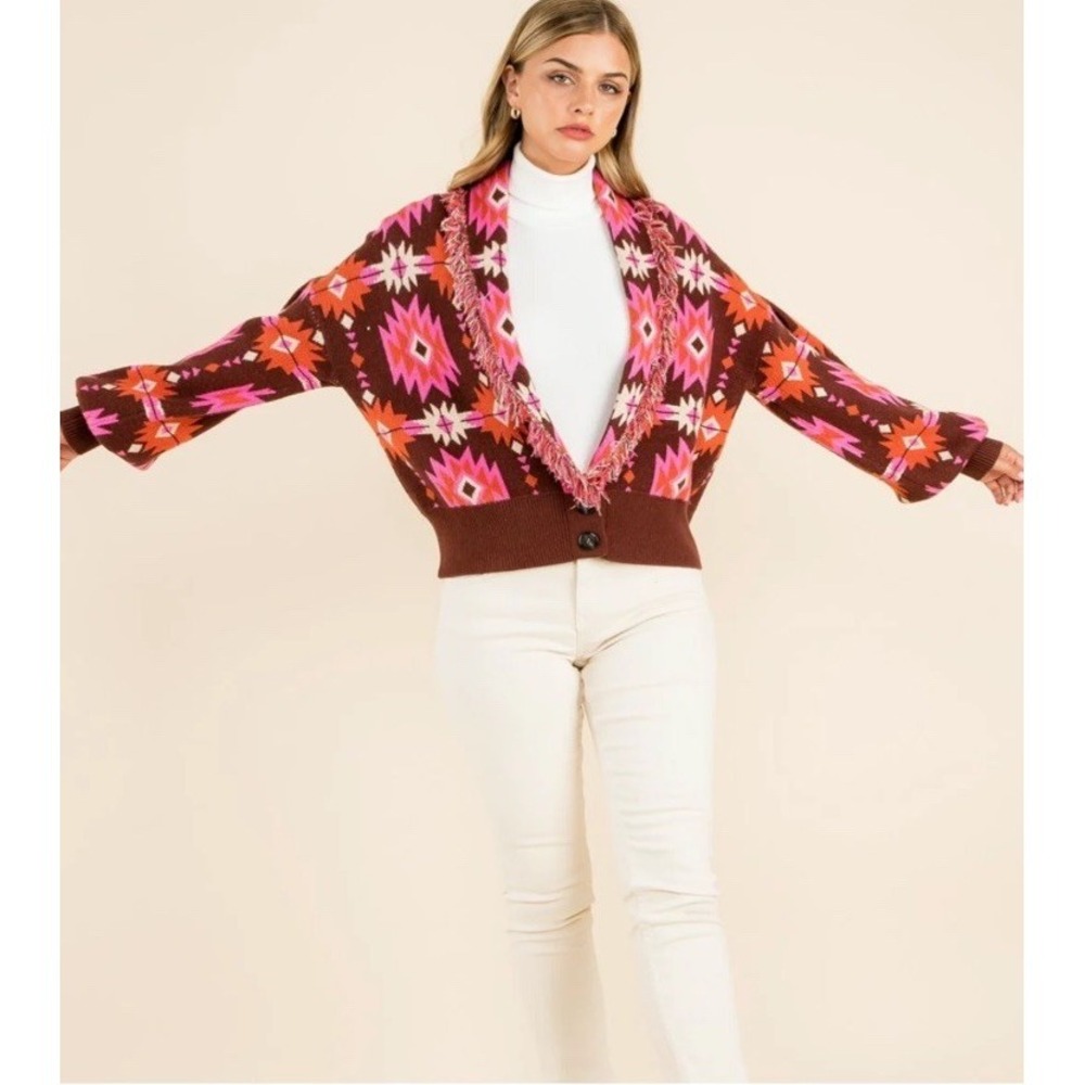 THML Pink Brown Aztec Fringed Lapel Cardigan Sweater Sz XS Oversized